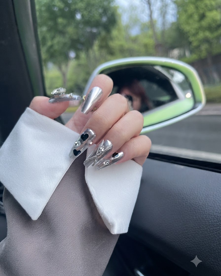 Main fléchie avec élégance pour montrer tous les doigts habillés de faux ongles argentés métalliques assortis et aux accents noirs.