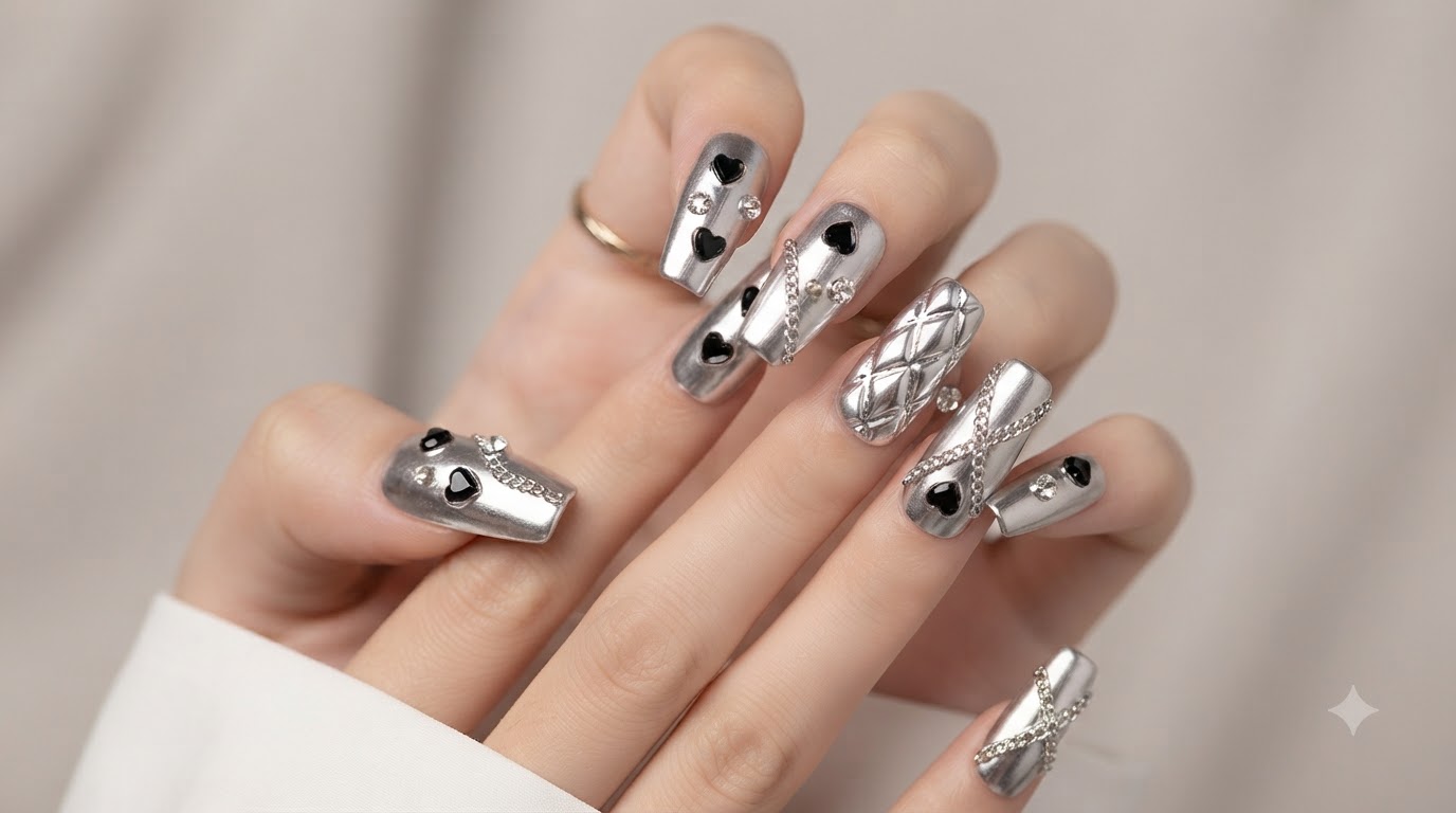 Ongles Chromés et Chaînes Métalliques Argentées : Tutoriel Press-On Tendance