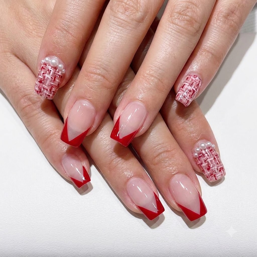 Gros plan détaillé dun pinceau fin dessinant avec précision le contour rouge dun French tip en V sur un ongle naturel.