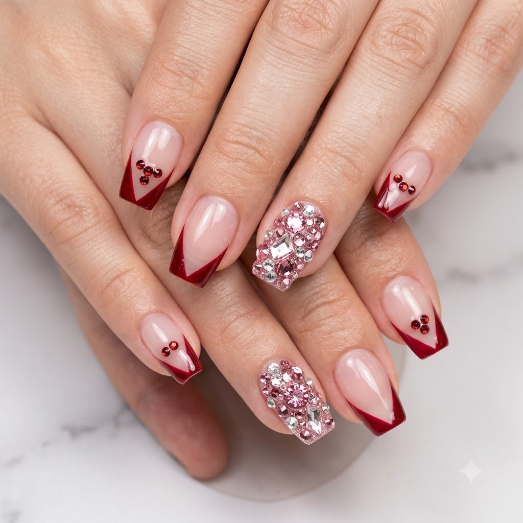 Gros plan sur des mains montrant des ongles V-tip terminés avec des points daccentuation en forme de cœur rouge et du nail art en strass.