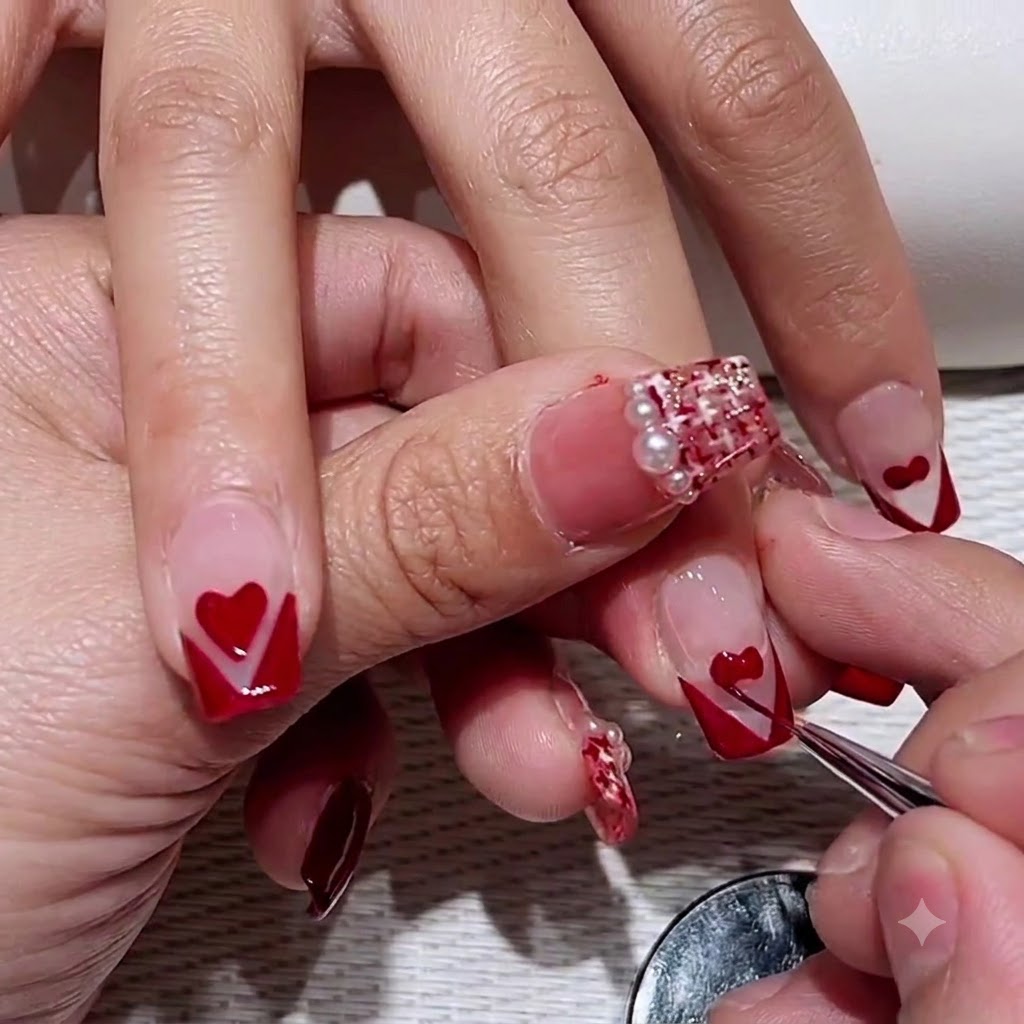 Un pinceau de nail art fin soulignant précisément les bords dun cœur rouge peint sur longle dune cliente.