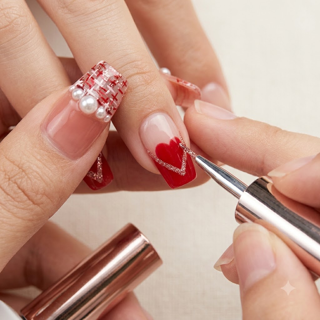 Un pinceau liner dessinant une fine ligne de paillettes or rose le long du bord dun design dongle V-tip rouge.