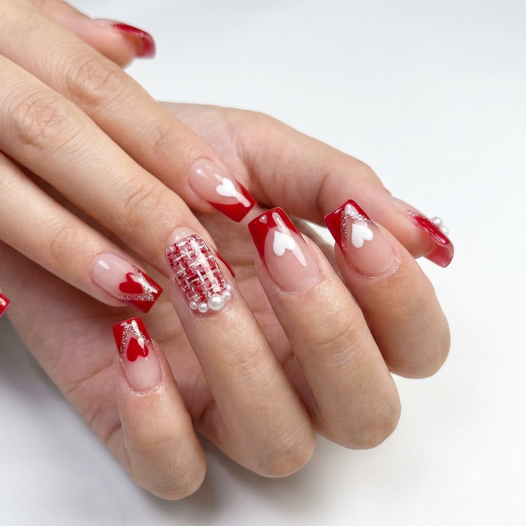 Une prothésiste ongulaire appliquant une bordure de paillettes or rose scintillantes à lintérieur du V-tip dun ongle décoré.