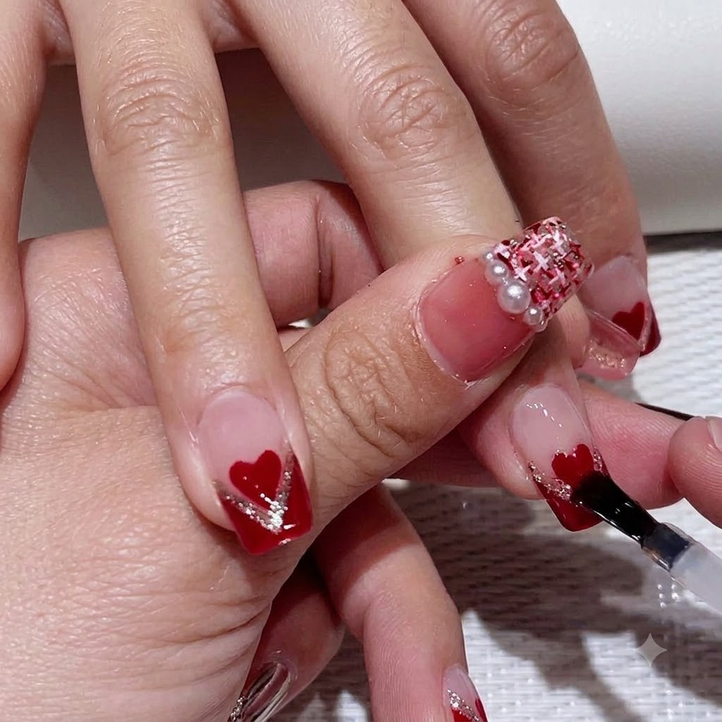 Un pinceau de finition glissant doucement sur longle du majeur pour figer le nail art avec une finition brillante.