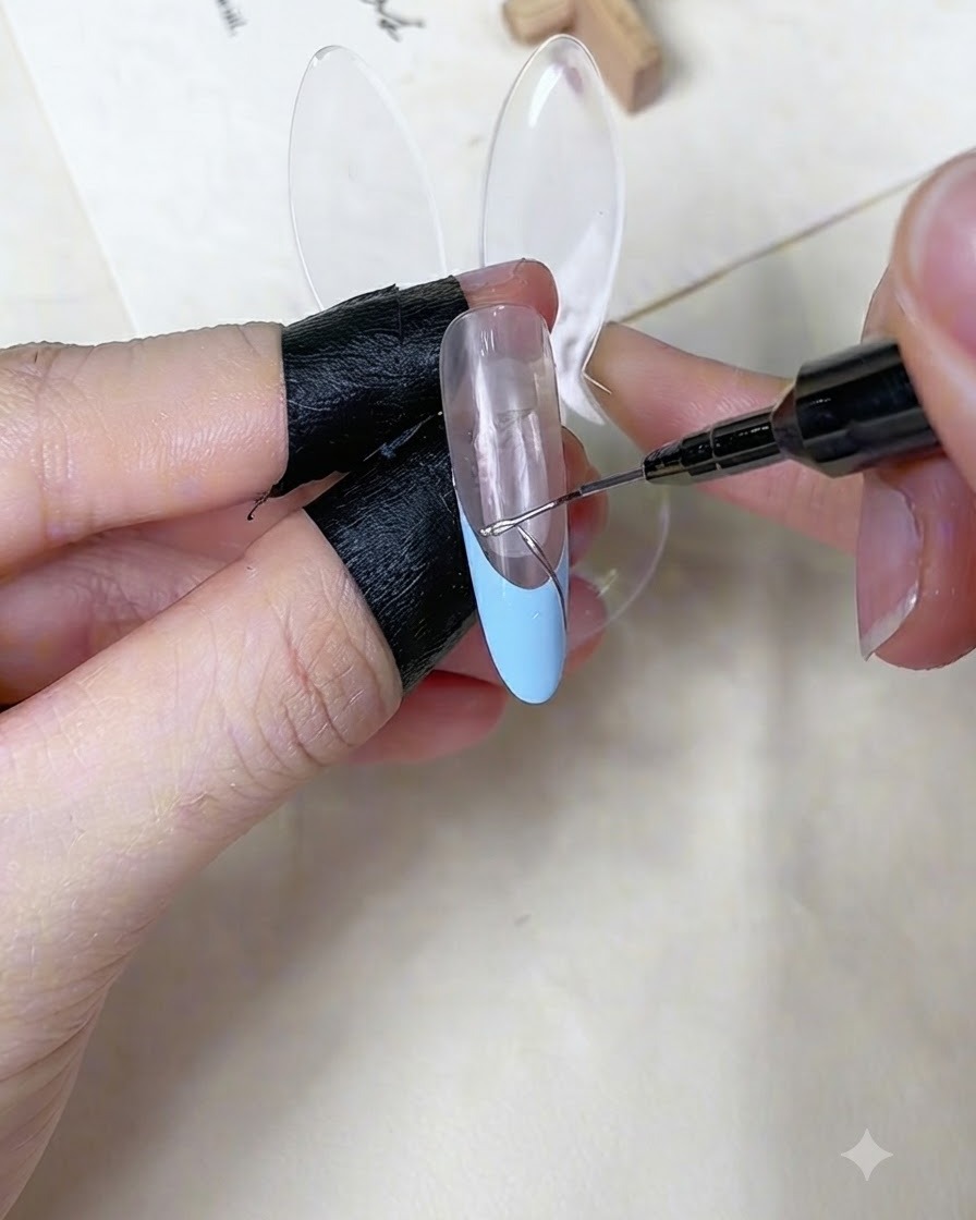 Un pinceau fin trace une fine ligne daccentuation argentée sur un ongle bleu et nude.