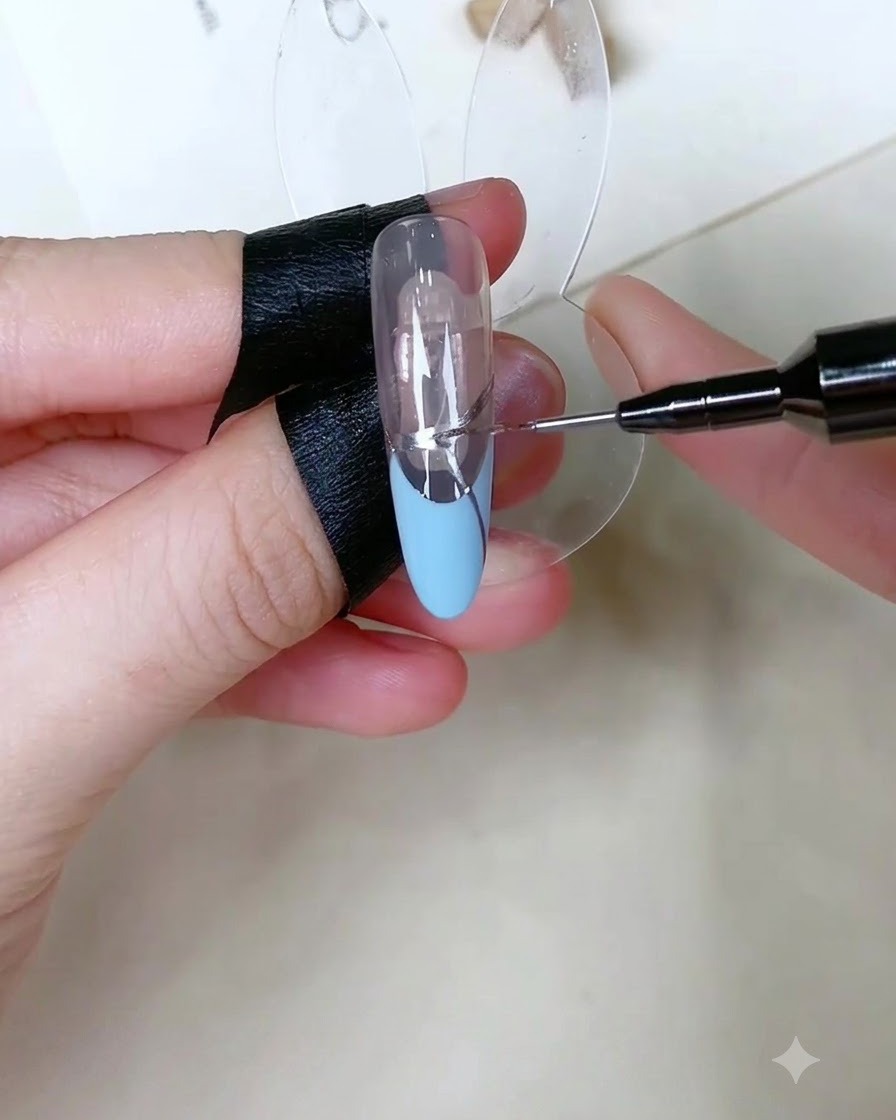 Un outil de précision appliquant de minuscules points de gel adhésif transparent sur la ligne argentée dun design de French manucure.
