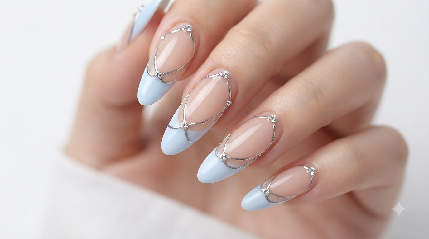 Ongles French Bleu Bébé avec Lignes Argentées et Strass — Tutoriel Pas à Pas