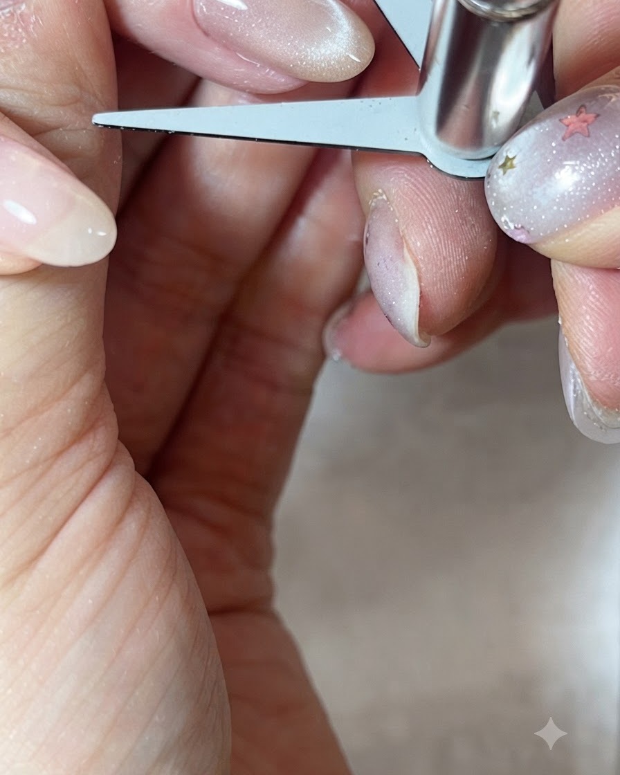 Un outil aimanté en forme de ciseaux en V plane au-dessus du bout dun ongle pour générer un effet french cat-eye concentré.