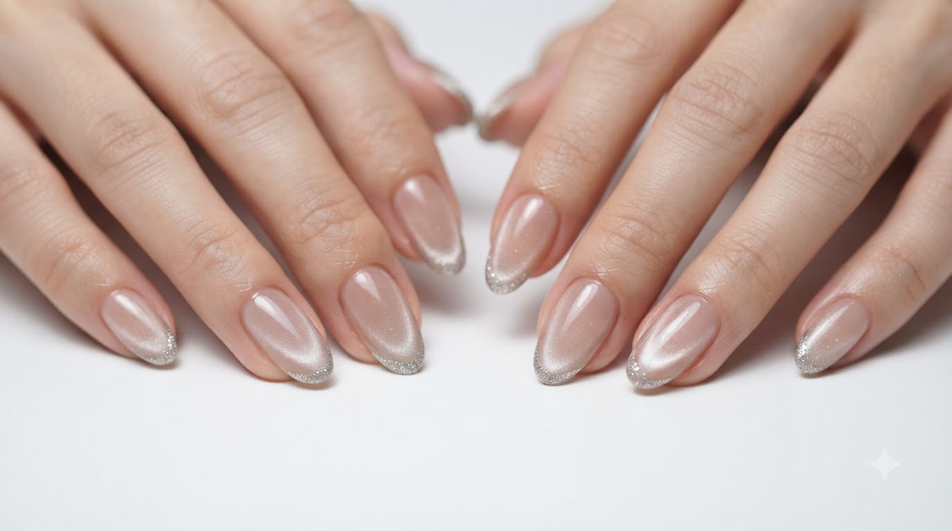 Ongles Cat Eye French Discrets avec Pointes Pailletées Argentées — Tutoriel Étape par Étape