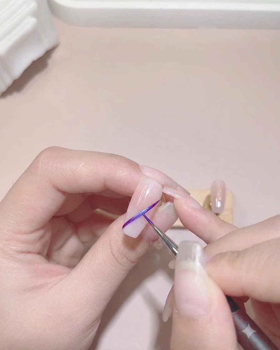 Un pinceau fin traçant une ligne diagonale violette éclatante sur une capsule dongle aux tons neutres.