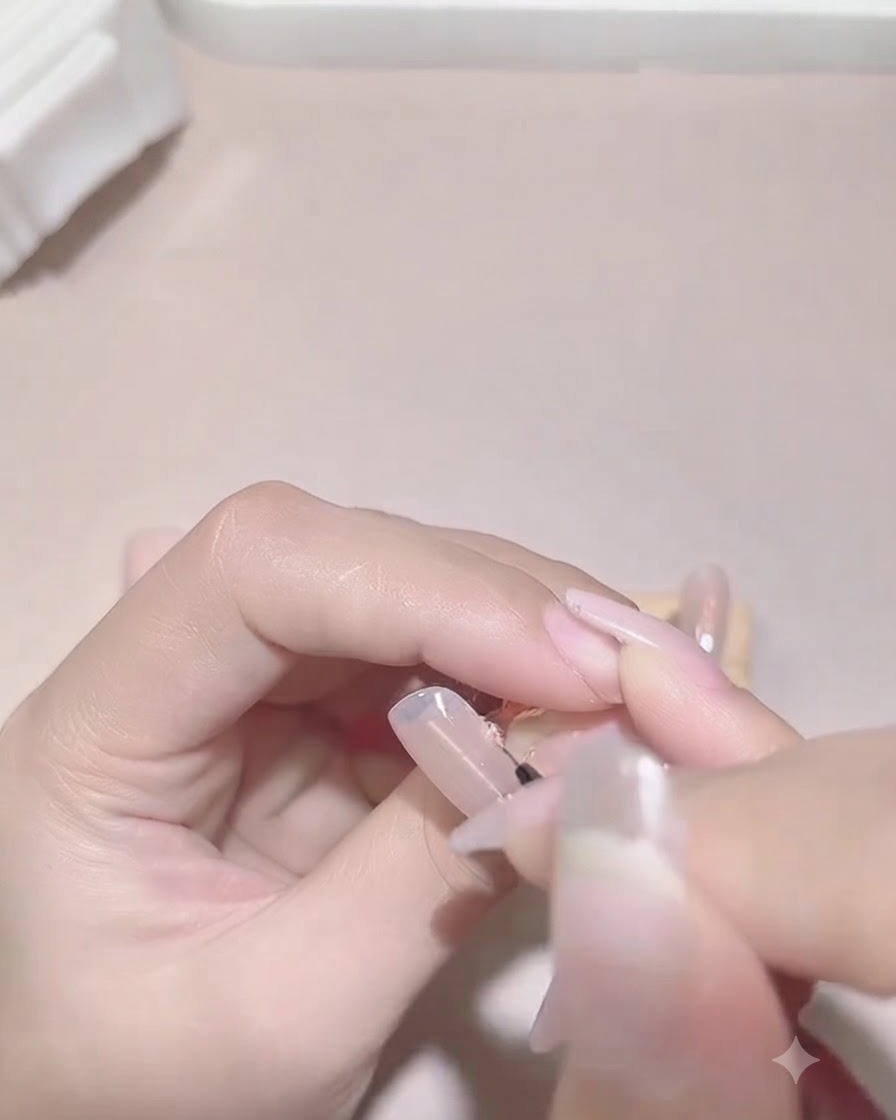 Un pinceau de nail art fin peignant une ligne de French tip violette ondulée et irrégulière sur un ongle naturel.