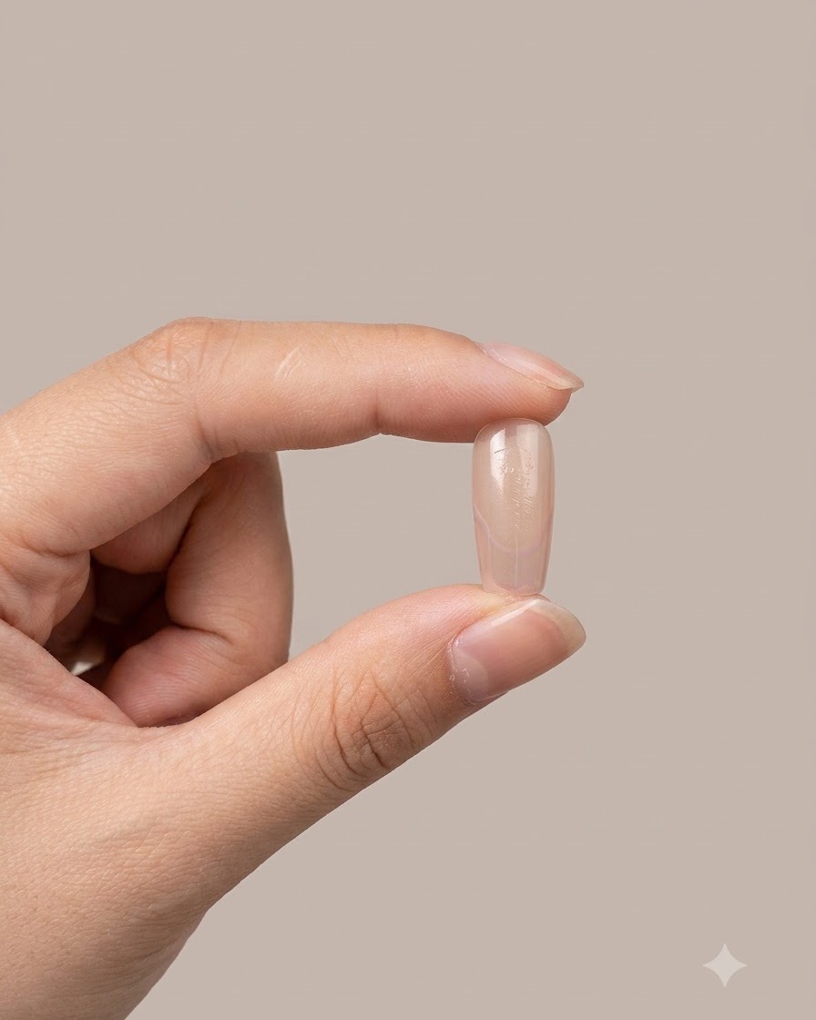 Un seul ongle manucuré présentant un design de French tip fini devant un fond uni.