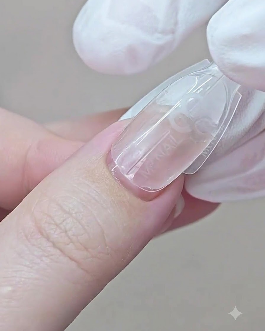 Une main gantée pose un moule dual form sur un ongle en commençant par la zone des cuticules.