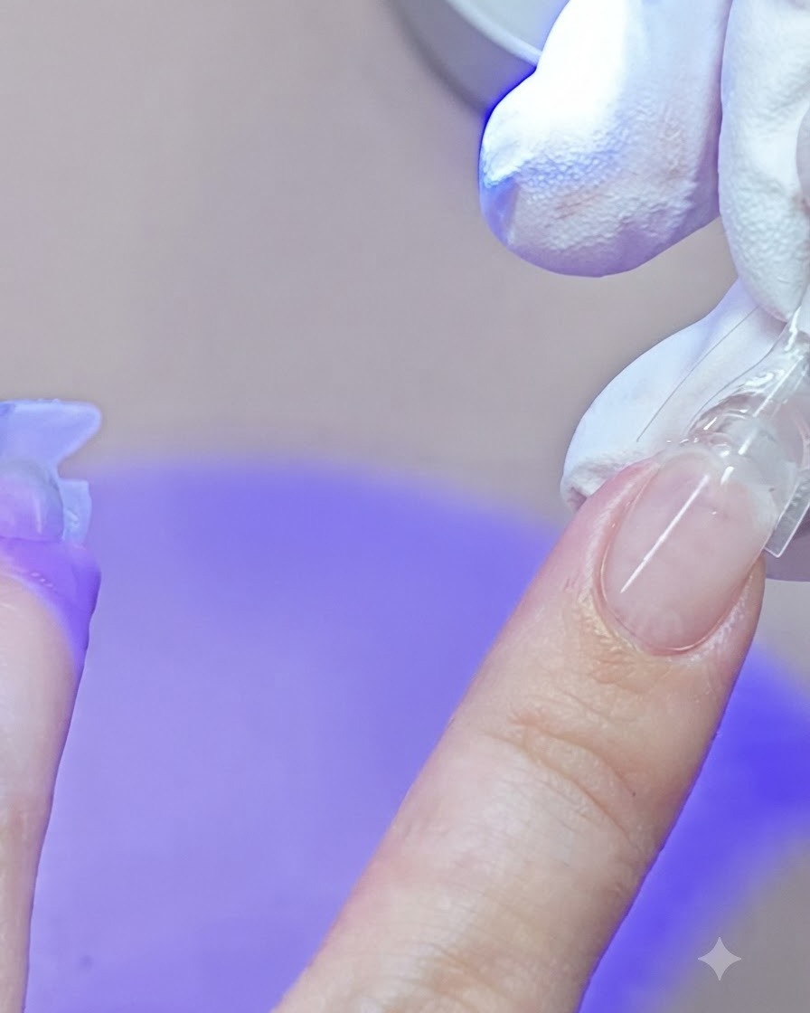 Une main presse un dual form transparent sur longle du petit doigt pendant quune mini lampe UV bleue durcit le gel.