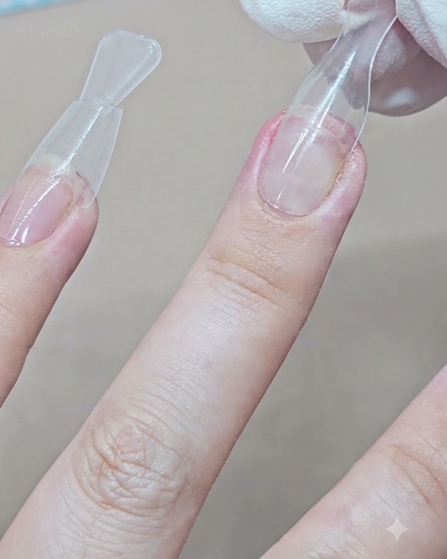 Vue rapprochée montrant un dual form que lon détache dune extension en gel transparent finalisée sur le majeur.