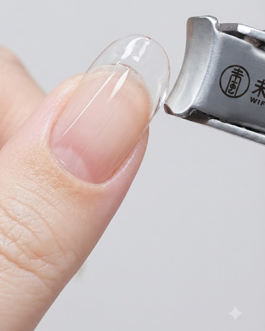 Un coupe-ongles métallique taille avec précaution lexcédent de gel durci le long du flanc dune extension dongle transparente.