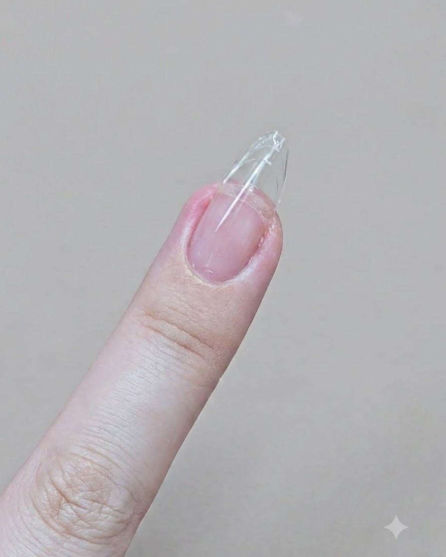 Un ongle doté dune extension en gel transparent est limé en une forme damande pointue à laide dune lime émeri.