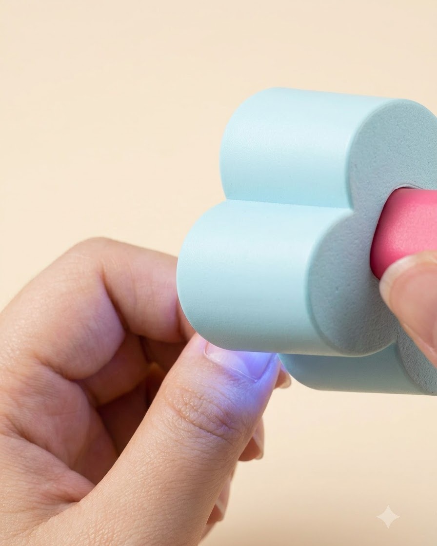 Une mini lampe UV portative bleue en forme de fleur catalyse une couche de gel de construction sur un doigt.