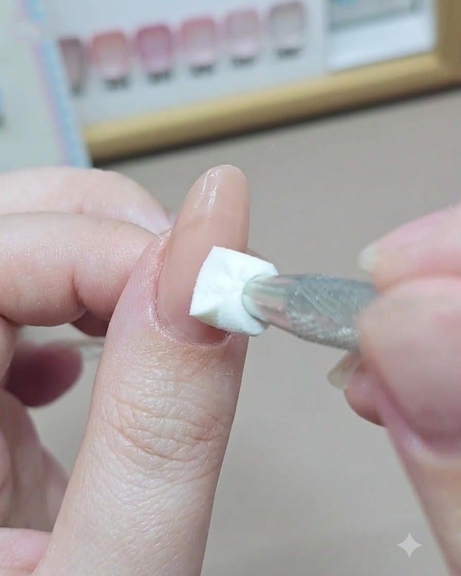 Une petite éponge cosmétique tamponne du vernis gel nude opaque sur le lit de longle sous un guide autocollant.