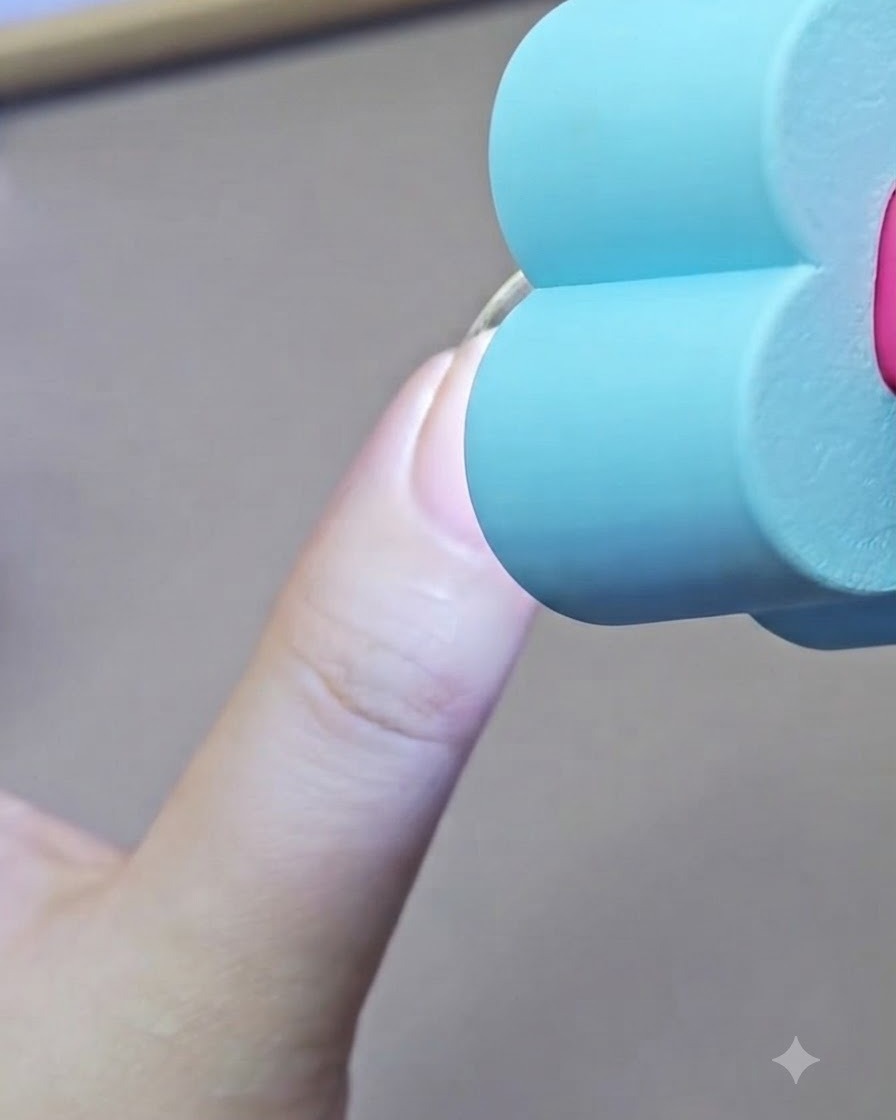 Une mini lampe UV bleue portative catalyse une couche de couleur nude tamponnée à léponge sur un ongle.