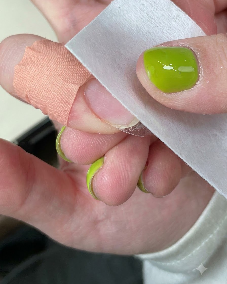 Un pad nettoyant essuyant la surface dun ongle catalysé.