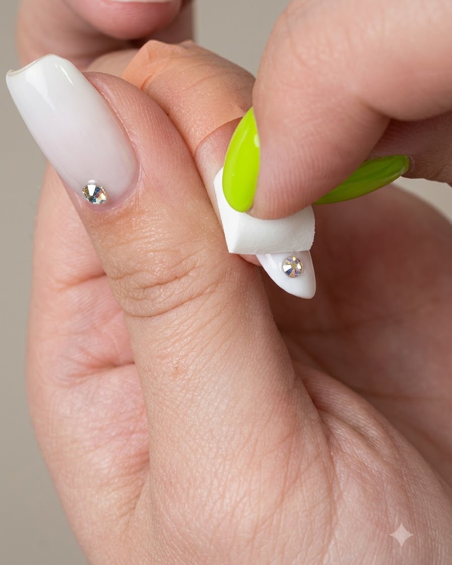 Une petite éponge de maquillage estompant du gel ivoire sur un bout dongle manucuré.