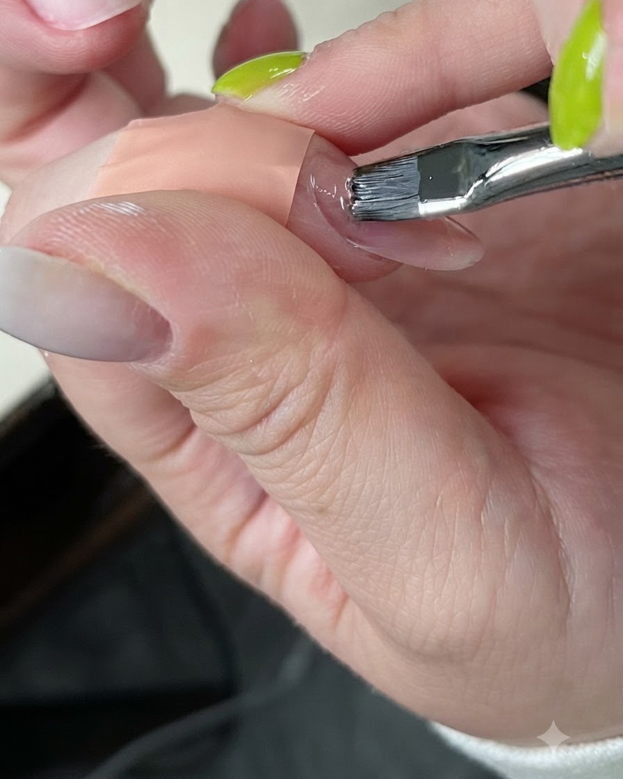 Un pinceau à gel appliquant soigneusement du gel rose nude sur le lit de longle.