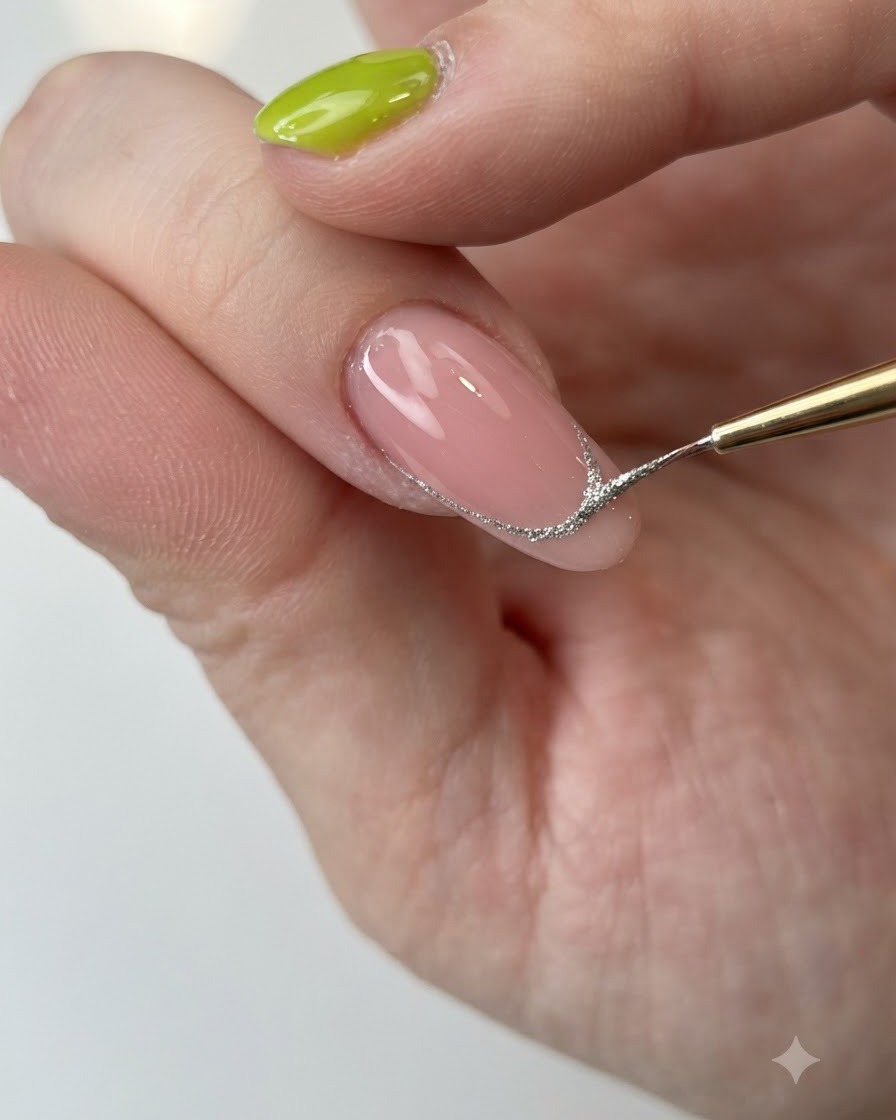 Un pinceau fin remplissant la zone de la French avec du gel argenté étincelant.