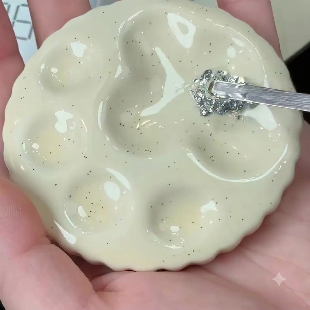 Un outil métallique prélevant des paillettes argentées épaisses sur une palette de mixage en céramique.