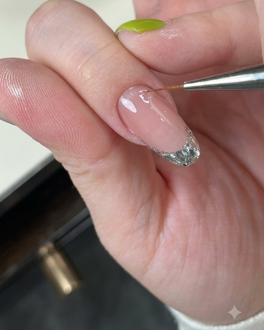 Un ongle examiné de près alors que le gel de construction sauto-nivele pour former un apex lisse.