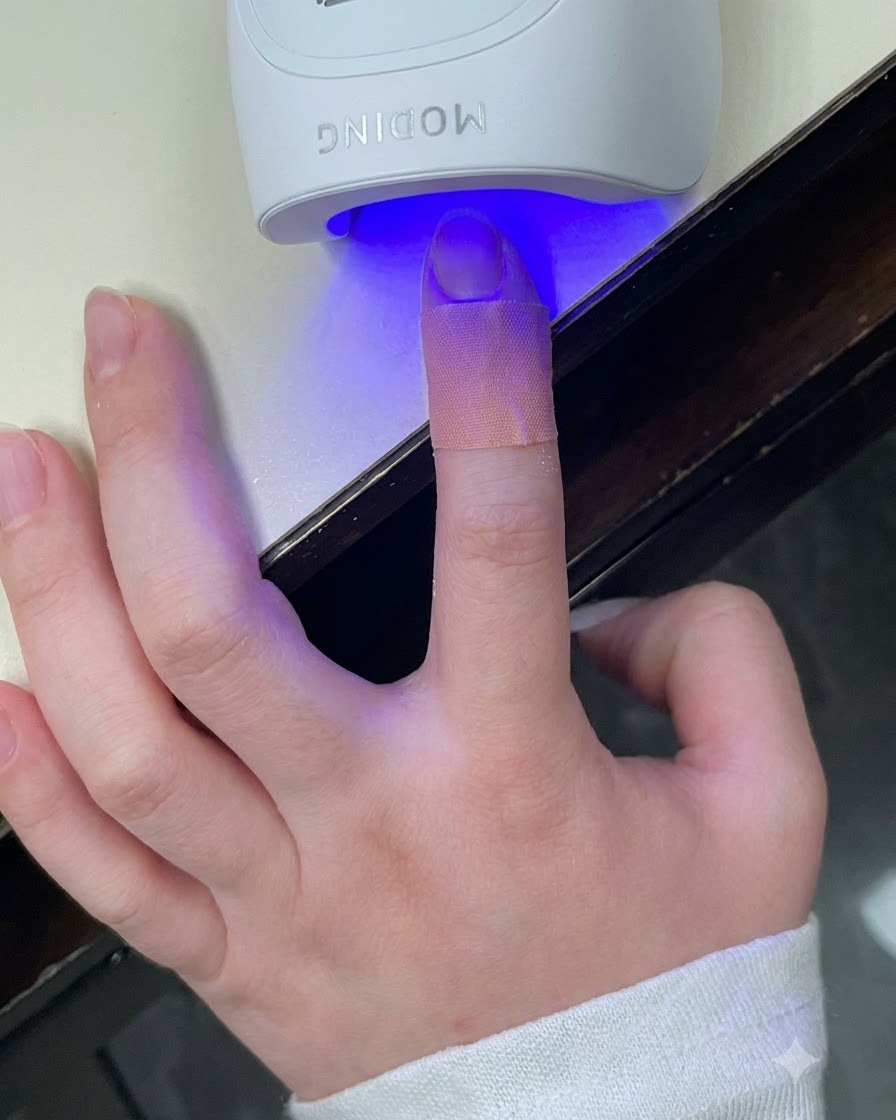 Un pinceau appliquant un top coat transparent brillant sur un ongle de manucure française décoré.