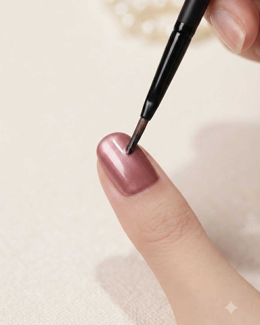 Un pinceau fin lissant uniformément une couche de gel jelly rose à la surface dun ongle manucuré.