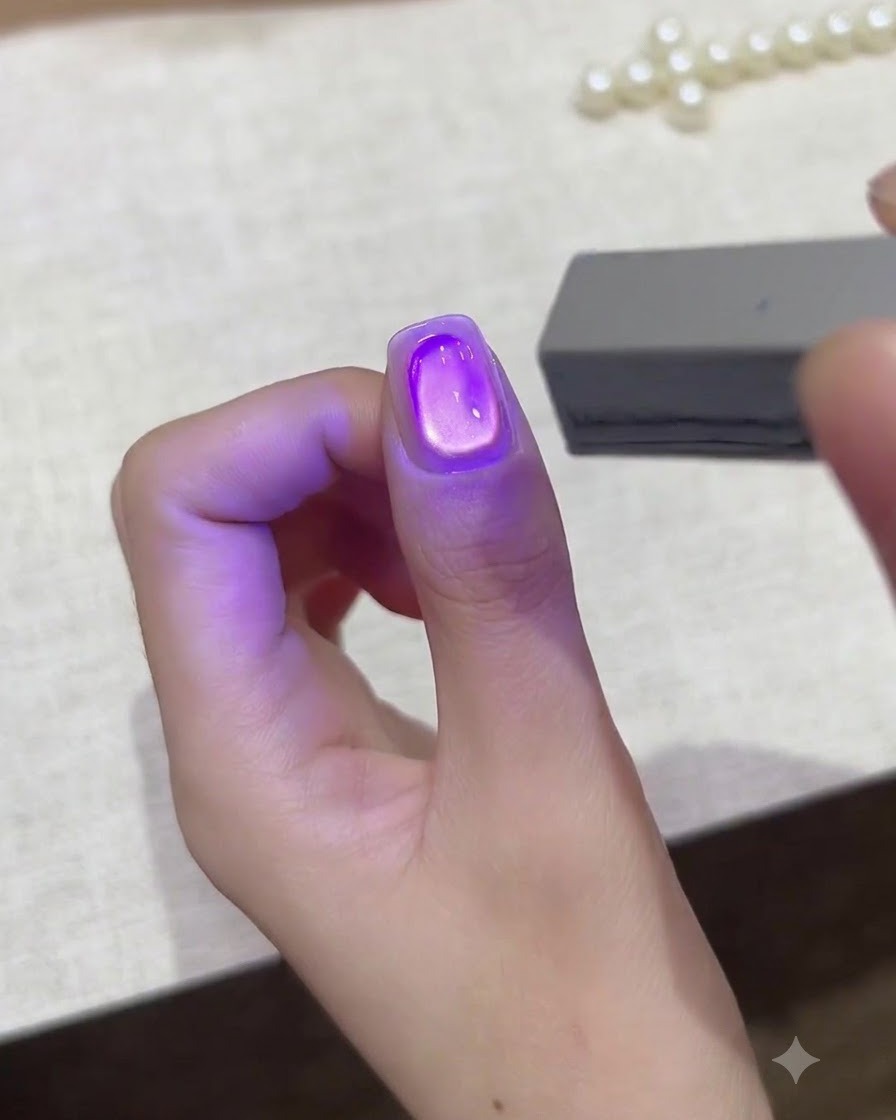 Un doigt placé sous une mini lampe UV/LED nomade à lueur violette pour catalyser le gel cat-eye.