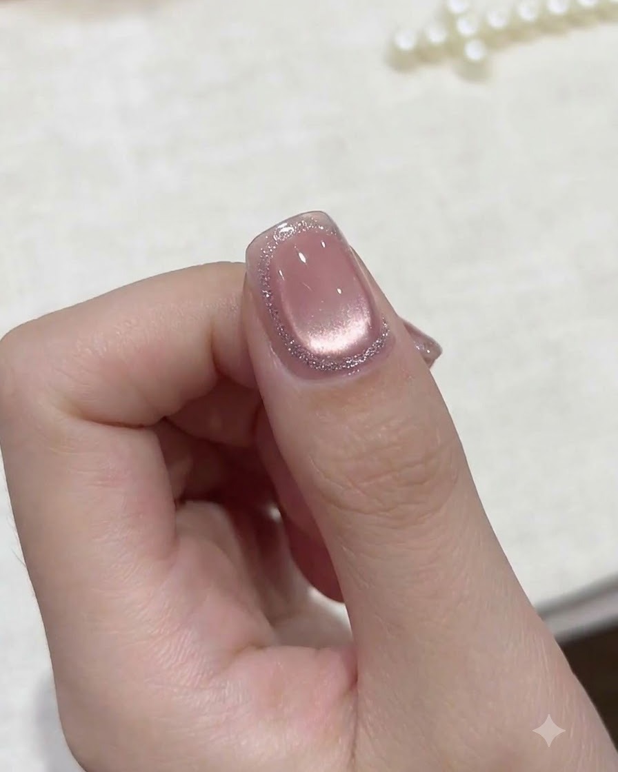 Un pinceau liner fin dessinant un délicat contour en paillettes argentées le long de la courbe de la cuticule dun ongle rose.
