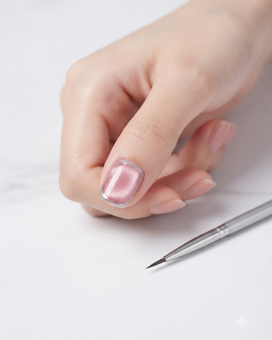 Gros plan dune main avec un ongle rose cat-eye doté dun contour argenté étincelant, placé près dune lampe de catalysation.