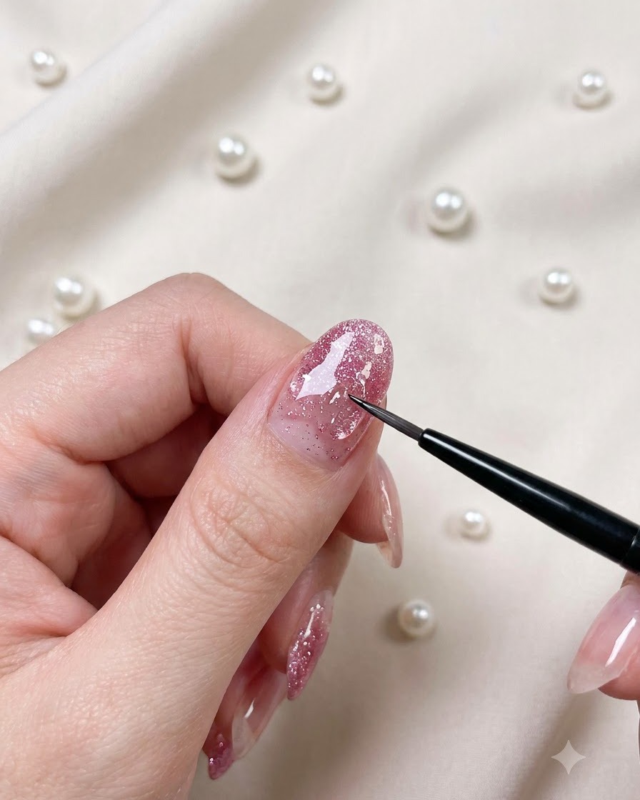 Une main positionnée sous une lampe de catalysation UV/LED pour la couche finale de top coat.