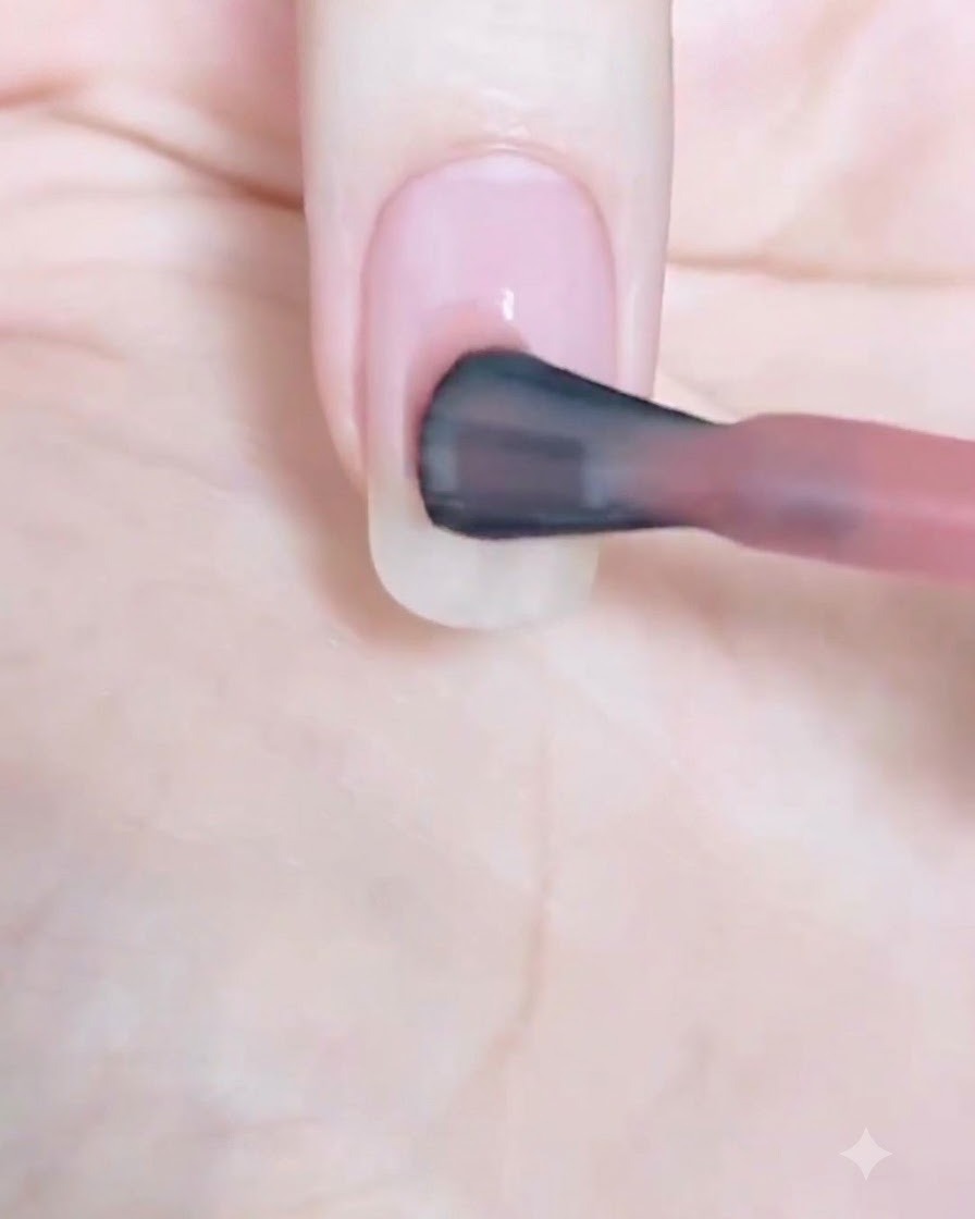 Un pinceau de vernis déposant une petite goutte de rose transparent au centre dun ongle propre.