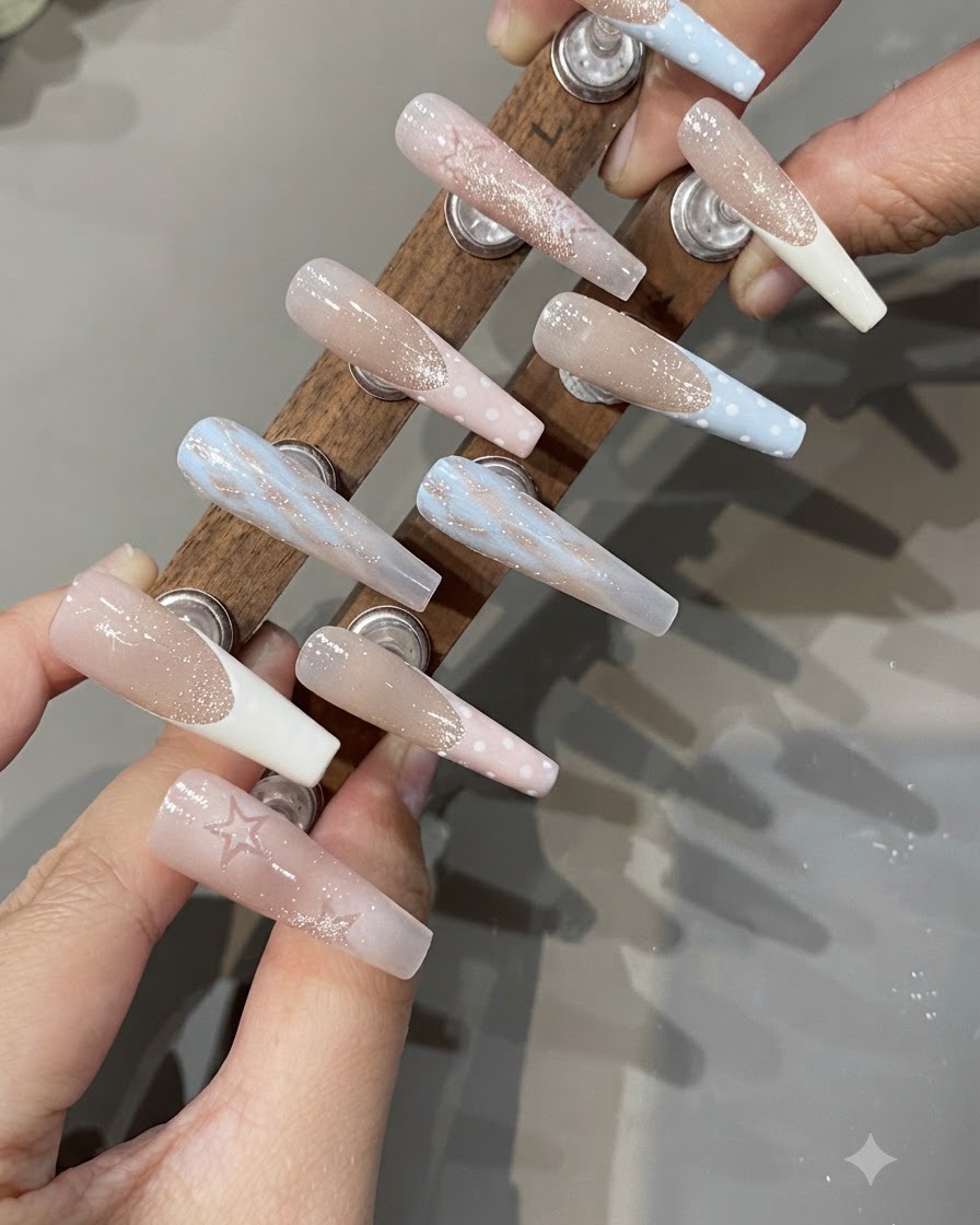 Un outil éponge appliquant une couche de gel de base sur un ensemble dongles de présentation.