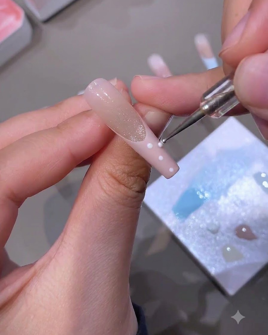 Un gros plan dune main utilisant un stylo à pois pour appliquer des pois blancs sur un ongle de French manucure.