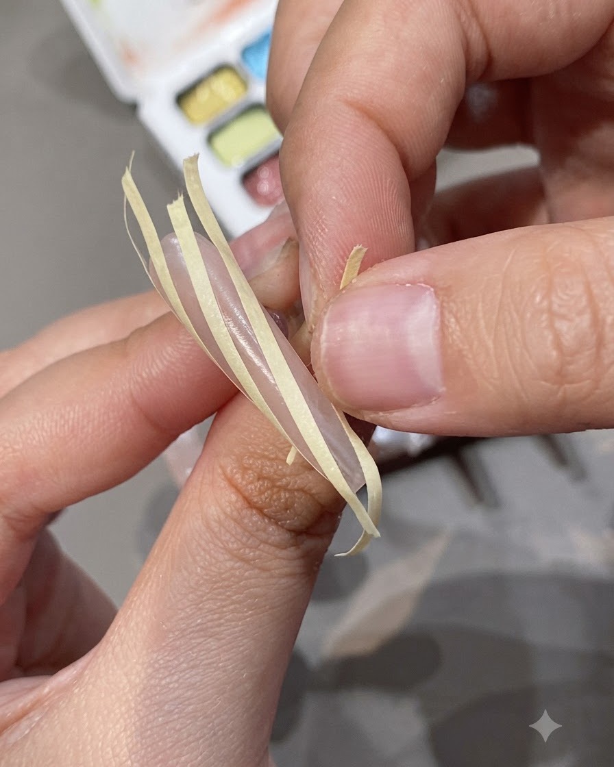 Une vue rapprochée de ruban adhésif de masquage appliqué en lignes droites sur une surface dongle préparée.