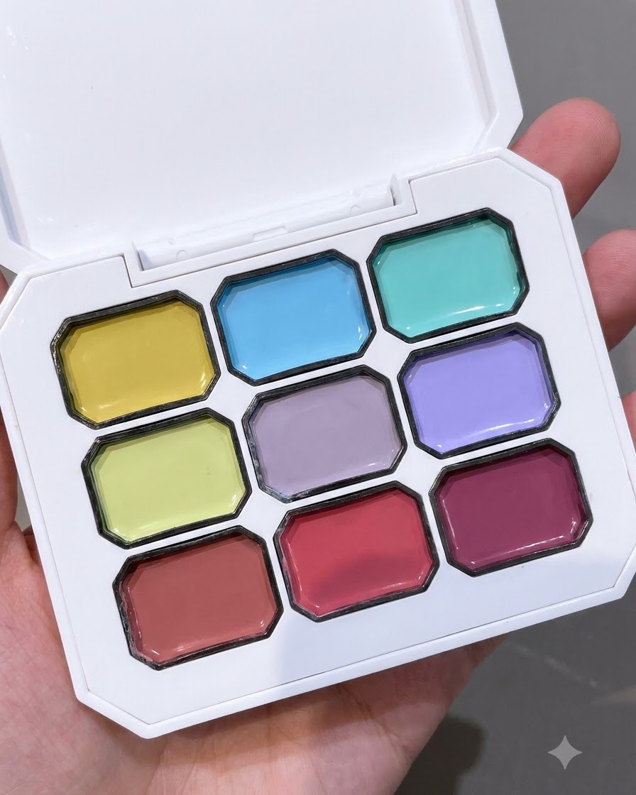 Une palette de couleurs montrant diverses teintes de gel jelly, y compris la couleur vert cyan Huaxiaozhang utilisée pour la texture écossaise.