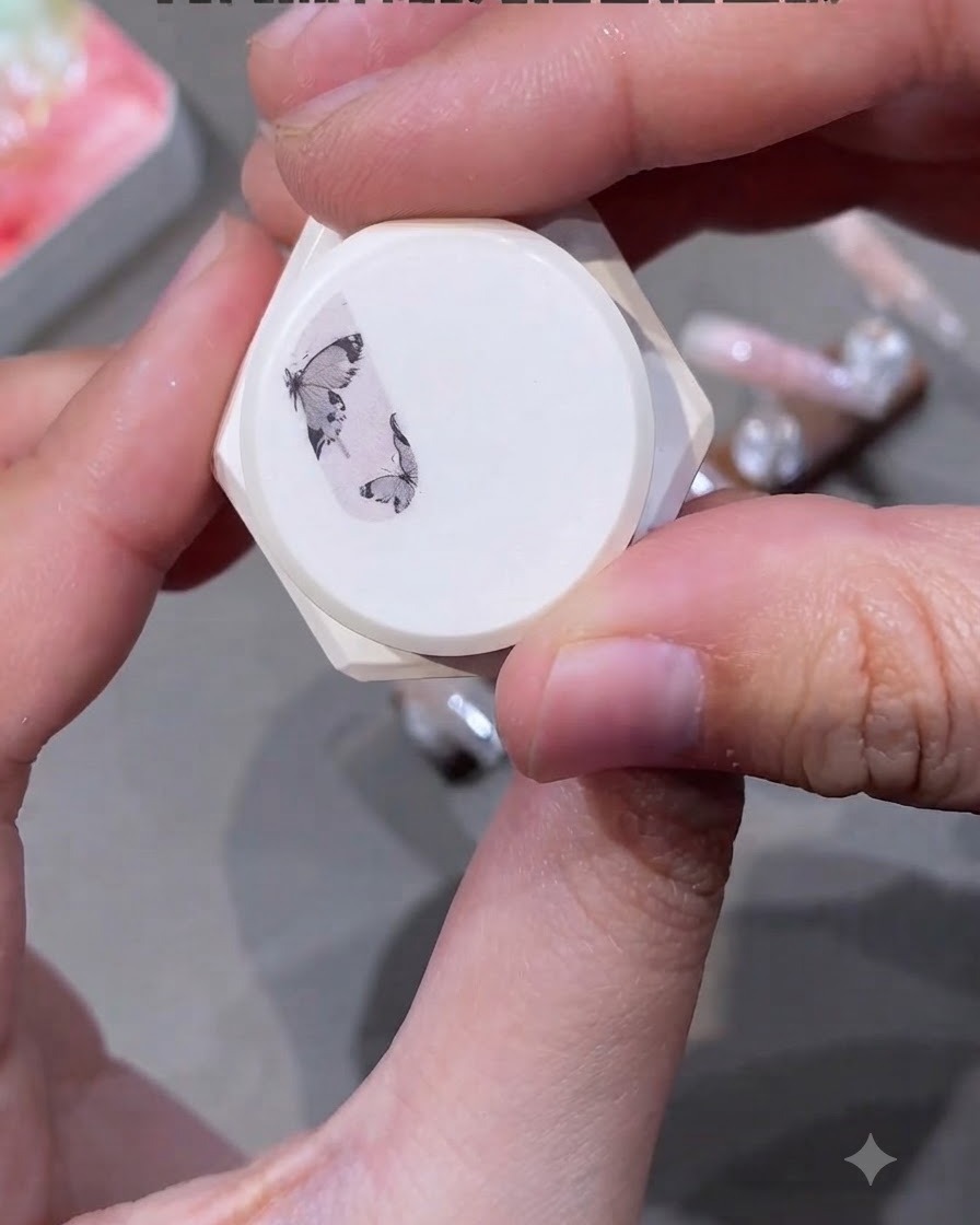 Un contenant de gel avec un autocollant montrant des motifs de papillons et des designs utilisés pour les détails de nail art.