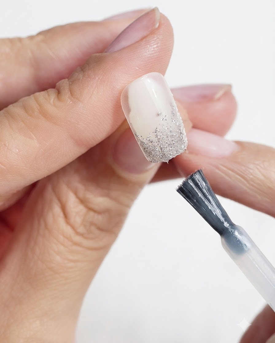 Un pinceau à ongles appliquant un gel pailleté scintillant effet diamant concassé sur le bout dun ongle de couleur neutre.