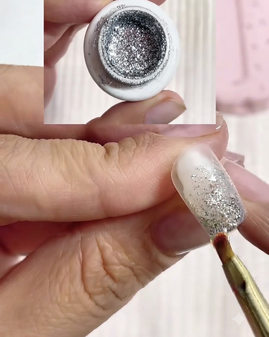 Un petit pinceau à ongles appliquant du gel pailleté platine argenté sur un ongle à base blanche, avec un pot de gel pailleté argenté en arrière-plan.