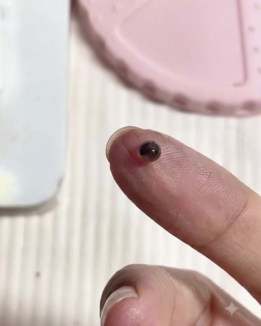 Gros plan du bout dun doigt tenant une petite boule arrondie de gel guimauve PVC sombre.