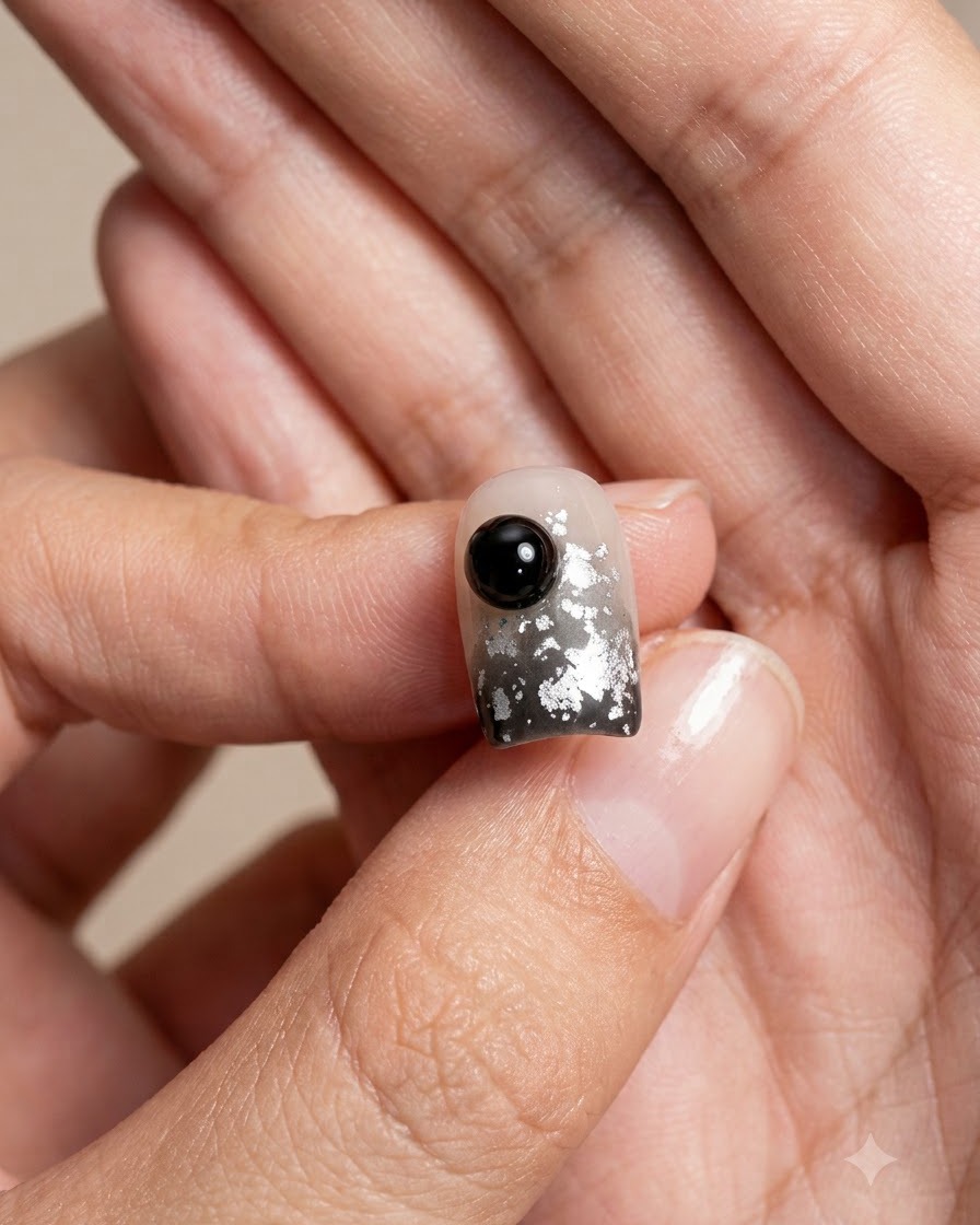 Une main tenant un ongle décoré muni dune perle sphérique noire proéminente placée près de la zone des cuticules.