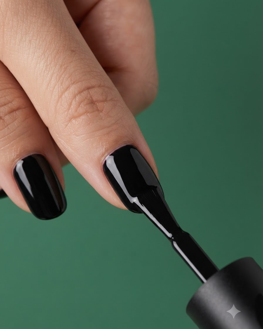 Un pinceau appliquant une seconde couche de vernis gel noir lisse sur un ongle manucuré.