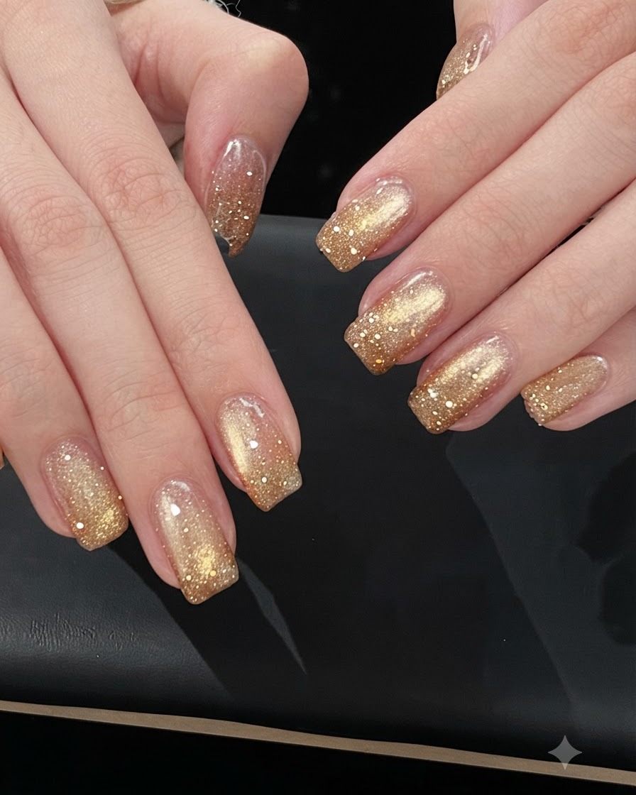 Gros plan sur le bout des doigts montrant la transition fluide de couleur du vernis semi-permanent dune base nude diaphane vers des paillettes dorées.
