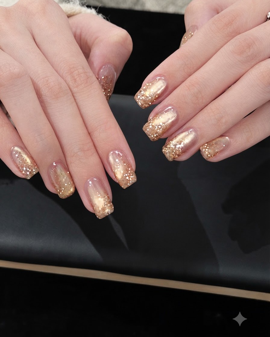 Doigts légèrement inclinés sous un éclairage de studio pour mettre en valeur la brillance ultra-brillante et les paillettes étincelantes effet diamant écrasé.