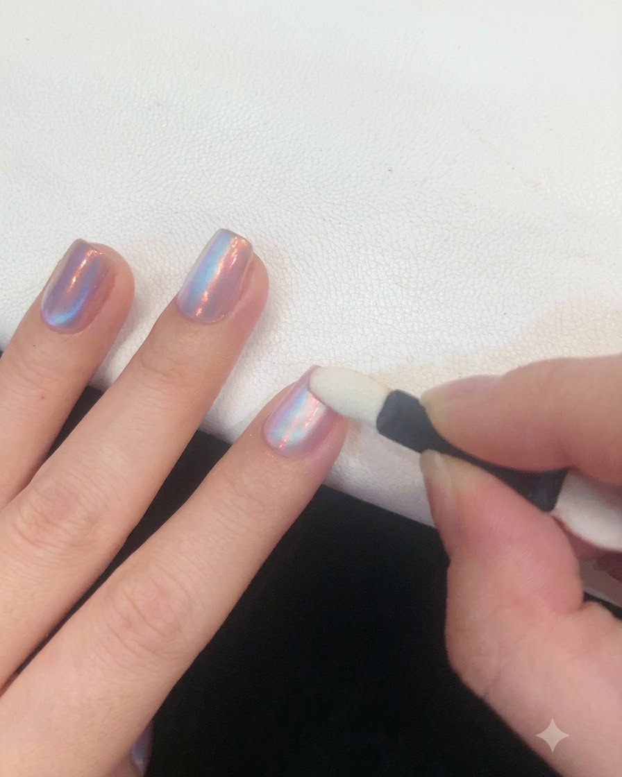 Un applicateur en mousse frottant délicatement la poudre chrome irisée sur un ongle manucuré brillant.